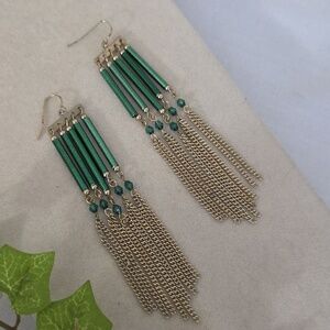 Gold and Green Chain Dangle Earrings